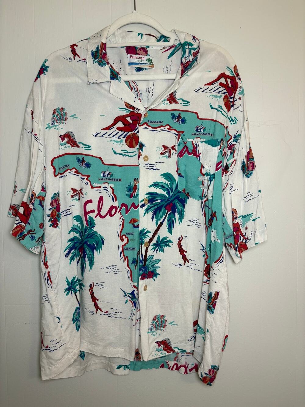 Palm Land Tropics Vintage Mens 90s Florida souvenir map Hawaiian button-up shirt
